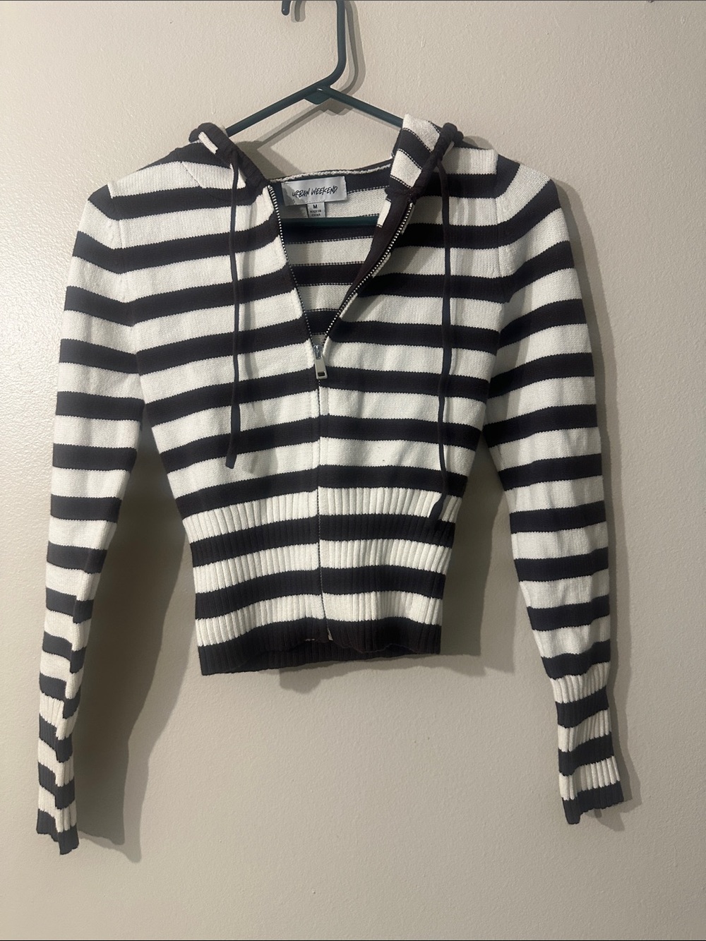 Striped Zip-Up Hooded Teddy Jacket - Black & White